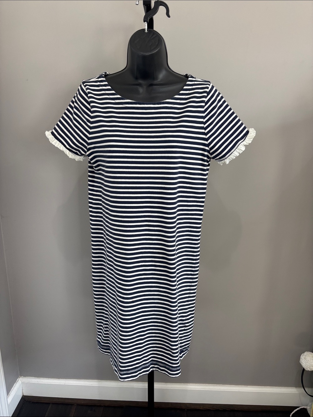 J. Crew Navy and White Striped Short-Sleeve 100% Cotton Shift Dress Size Medium